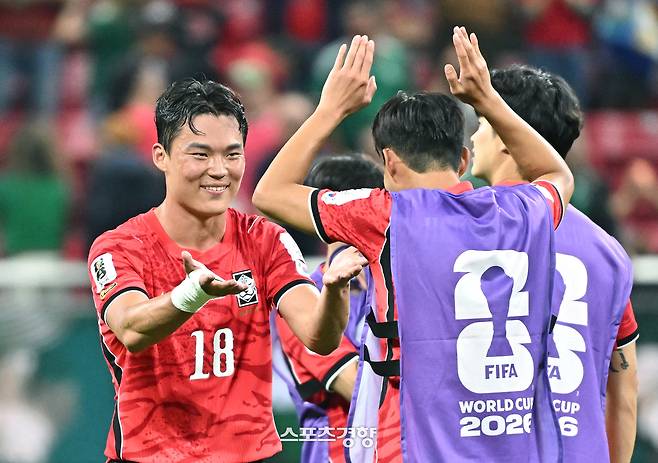 오현규(왼쪽)가 지난 12일 멕시코 과달라하라 스타디움에서 열린 2026 북중미 월드컵 A조 조별리그 체코과 1차전에서 결승골을 넣은 뒤 손흥민과 하이파이브를 하고 있다. 사진공동취재단