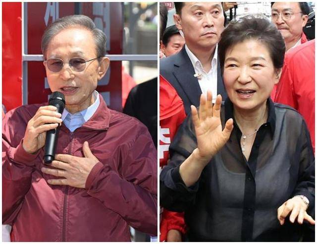 (왼쪽부터) 이명박 전 대통령과 박근혜 전 대통령이 각각 지난 31일 박형준 국민의힘 부산시장 후보, 추경호 국민의힘 대구시장 후보를 지원하고 있다. [사진=연합뉴스]