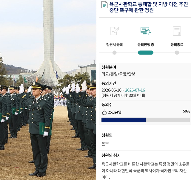 지난 2024년 2월 26일 서울 노원구 육군사관학교에서 열린 졸업 및 임관식에서 육사 80기 졸업생들이 임관선서를 하는 모습(왼쪽), 올해 6월 16일 국회 국민동의청원으로 게시된 ‘육군사관학교 통폐합 및 지방 이전 추진 중단 촉구에 관한 청원’ 18일 기준 청원 동의 현황 캡처(오른쪽). [육군 제공 사진·국회전자청원 홈페이지 갈무리]