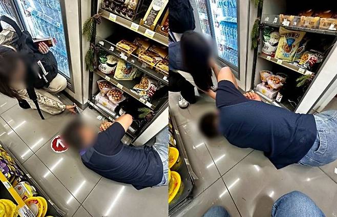 일본인 관광객이 SNS 스레드에 공개한 사진. 인천공항 편의점 직원이 진열대 아래에서 관광객이 잃어버린 이어폰을 찾고 있다. 스레드 캡처