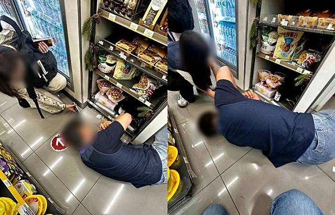 인천공항 편의점 직원이 진열대 아래에서 일본인 관광객이 떨어뜨린 이어폰을 찾고 있다. 사진=스레드 캡처