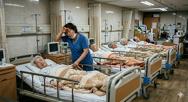 한 노인요양시설에 여성 요양보호사 혼자서 병상에 누운 노인 5명을 돌보고 있다. 제미나이·강지수 기자