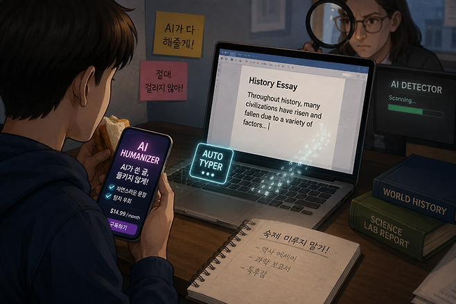 AI로 숙제를 대신 해주는 앱을 사용하는 모습을 AI로 그렸다. [챗GPT]