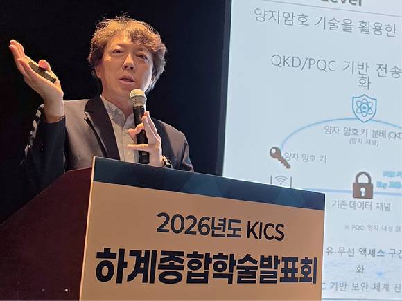 KT 네트워크AI연구담당 정제민 상무가 19일 제주도에서 열린 한국통신학회 하계종합학술발표회의 KT 특별 세션에서 미래 네트워크 보안 구상을 설명하고 있다. [사진=KT]
