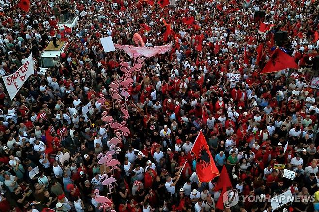알바니아 '플라밍고 시위' 모습 [AP=연합뉴스. 재판매 및 DB금지]