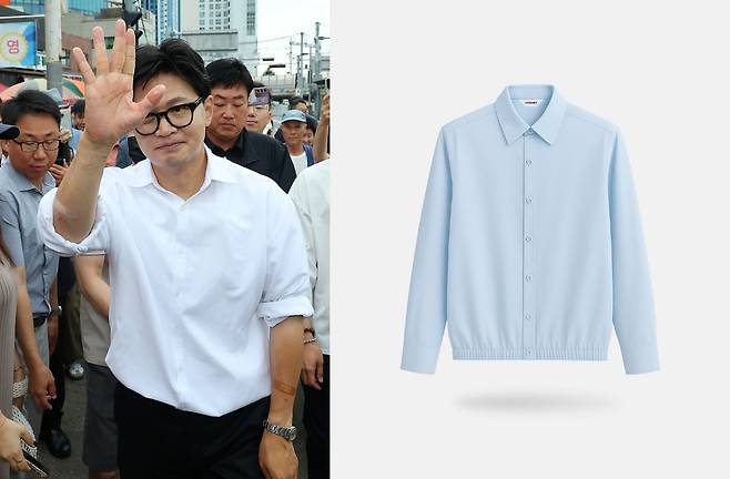 구포시장 달려가 감사 인사하는 한동훈과 그가 착용한 바이모노의 쏙쏙 셔츠. 사진 제공 연합뉴스, 바이모노