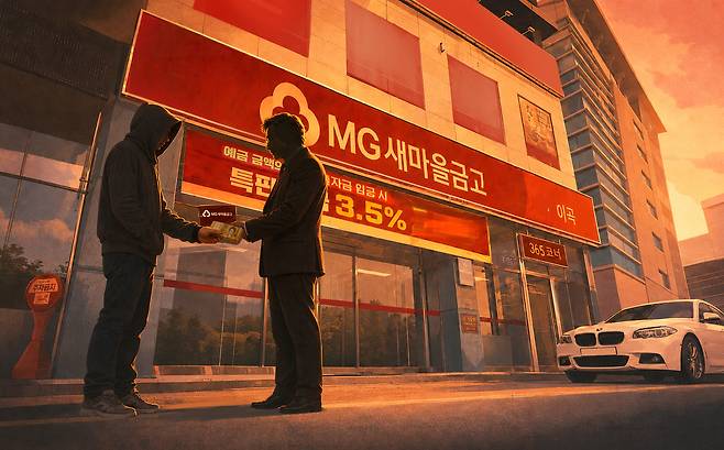 대구 달서구 MG새마을금고 이곡금고 임직원 3명은 ‘구사장’의 대포통장 조직과 결탁해 통장을 발급해 줬을 뿐만 아니라, 보이스피싱 신고를 취하시키려 신고자의 신상 정보까지 조직에 넘겼다. 이렇게 만든 대포통장 126개는 온라인 도박과 보이스피싱 등 각종 범죄에 쓰였다. 사진은 현재 다른 금고로 합병된 이곡금고의 합병 전 모습을 바탕으로 만든 일러스트.
