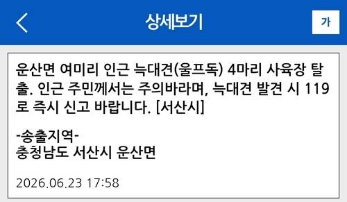서산시 재난문자 [안전디딤돌 애플리케이션 캡처]