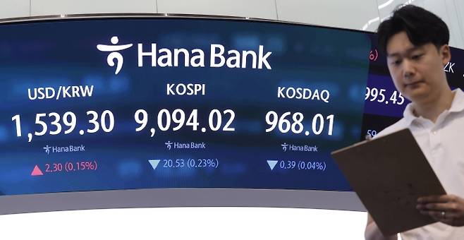 혼조세 보이는 국내 증시 - 코스피가 전 거래일(9114.55)보다 31.01포인트(0.34%) 내린 9083.54에 개장한 23일 오전 서울 중구 하나은행 딜링룸 전광판에 지수가 표시되고 있다.  2026.06.23 뉴시스