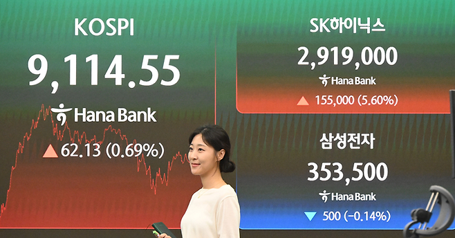 22일 서울 중구 하나은행 본점 하나인피니티서울에서 직원이 SK하이닉스 주가를 확인하고 있다. 오승현 기자