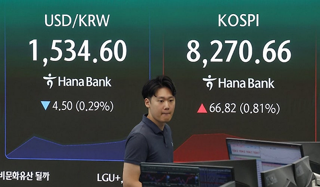 24일 서울 중구 하나은행 본점 딜링룸 현황판에 원·달러 환율과 코스피가 표시돼 있다.ⓒ연합뉴스