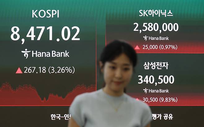 24일 서울 중구 하나은행 딜링룸 현황판에 8400선을 회복한 코스피, SK하이닉스와 삼성전자 종가가 표시돼 있다. [연합뉴스]