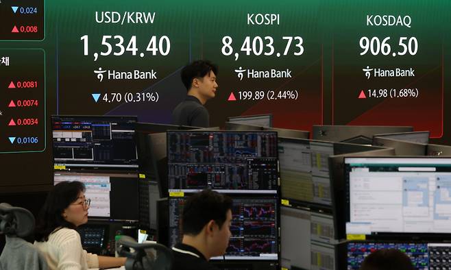 24일 오전 서울 중구 하나은행 본점 딜링룸./사진=뉴시스