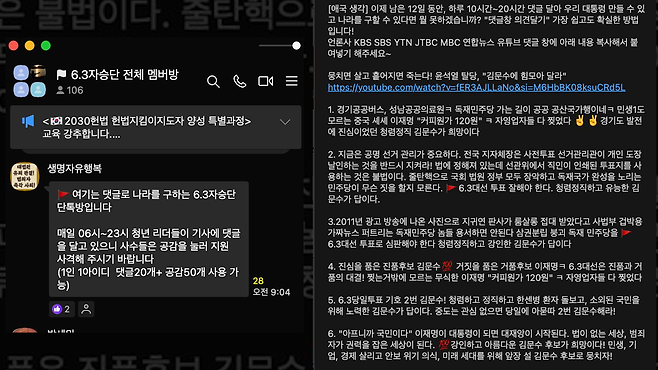 자승단 카카오톡 단체 대화방 ‘6.3 자승단 전체 멤버 방’(왼쪽)과 댓글 샘플(오른쪽).