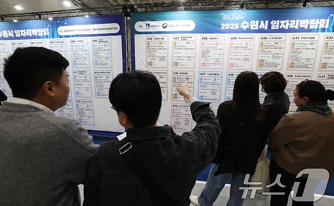 28일 경기 수원시 영통구 수원컨벤션센터에서 열린 'AI로 JOB자-2025 수원시 일자리박람회'에서 구직자들이 채용게시판을 보고 있다. 2025.10.28 ⓒ 뉴스1 김영운 기자