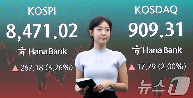 24일 서울 중구 하나은행 본점 딜링룸 전광판에 종가가 나오고 있다. 2026.6.24 ⓒ 뉴스1 김성진 기자