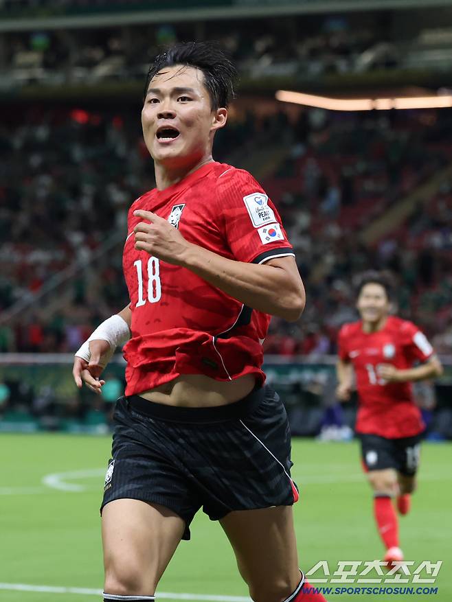 12일(한국시각) 멕시코 과달라하라 사포판의 에스타디오 과달라하라에서 열린 2026 북중미월드컵 대한민국과 체코의 경기. 결승골을 넣은 오현규가 환호하고 있다. 사포판(멕시코)=허상욱 기자wook@sportschosun.com/2026.06.12/