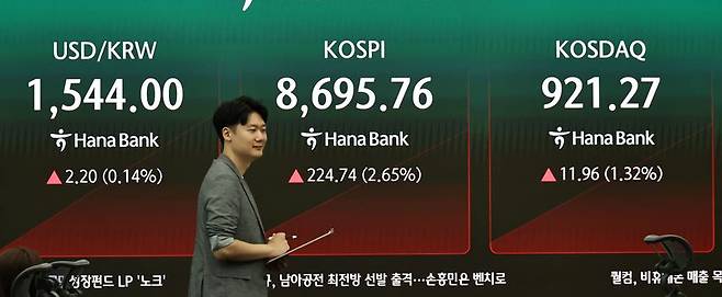25일 서울 중구 하나은행 딜링룸 현황판에 코스피 등이 표시되고 있다. 연합뉴스 제공