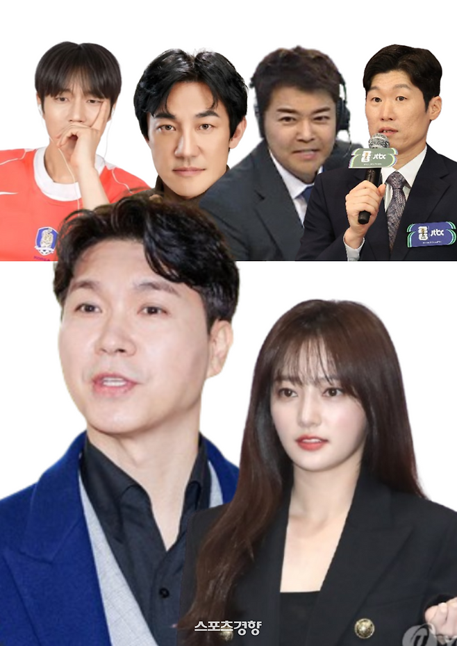 (왼쪽위부터 시계방향으로)윤두준·한정수·전현무·박지성·송하윤·박수홍. 사진=유튜브 채널 ‘OFFICIAL HIGHLIGHT’ 라이브 영상 캡처, 스포츠경향DB,KBS 2TV 방송 화면, 연합뉴스, 연합뉴스, 연합뉴스.