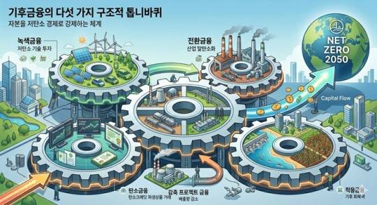 기후금융은 자본을 감축이 발생하는 영역으로 유도하는 구조이며, 다섯 금융 축이 함께 작동할 때 탄소중립은 현실화된다. (KIUDA 제공 - AI 생성 이미지)