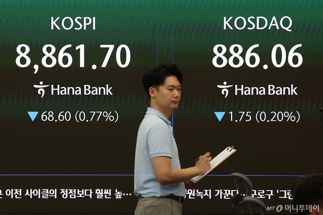 코스피가 전 거래일(8930.30)보다 117.12포인트(1.31%) 하락한 8813.18에 개장한 26일 오전 서울 중구 하나은행 딜링룸 전광판에 지수가 표시되고 있다.  코스닥 지수는 전 거래일(887.81)보다 3.38포인트(0.38%) 내린 884.43에 거래를 시작했다. 사진=뉴시스