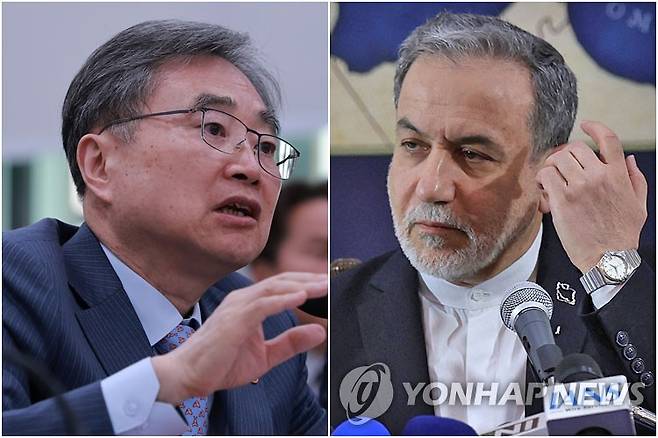 조현 외교부 장관(왼쪽)과 아바스 아라그치 이란 외무부 장관 [EPA=연합뉴스·연합뉴스 자료사진. 재판매 및 DB 금지]
