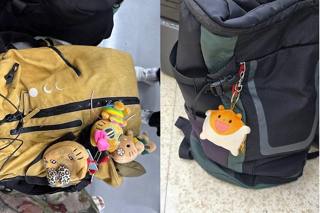 고양이 키링 여러 개가 달린 김려원씨의 가방(좌)과 날다람쥐 키링이 부착된 박하은씨의 가방
