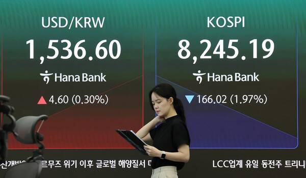 코스피가 하락 출발한 29일 서울 중구 하나은행 딜링룸 현황판에 코스피와 원/달러 환율이 표시되고 있다. [출처=연합뉴스]
