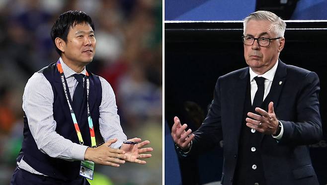 (COMBO) This combination of file photos created on June 27, 2026, Japan's head coach Hajime Moriyasu in Guadalupe, Mexico, on June 20, 2026 (L); and Brazil's Italian head coach Carlo Ancelotti in Philadelphia on June 19, 2026. Brazil and Japan will meet in a 2026 World Cup round of 32 football match at the Houston Stadium in Inglewood June 28, 2026. (Photo by Julio Cesar AGUILAR and Roberto SCHMIDT / AFP)<저작권자(c) 연합뉴스, 무단 전재-재배포, AI 학습 및 활용 금지>