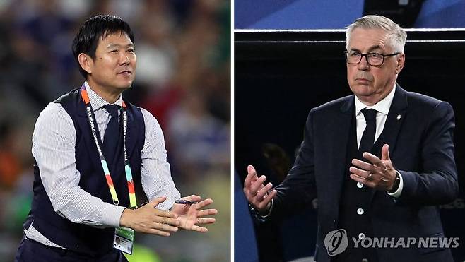 32강에서 맞붙는 일본 모리야스 감독과 브라질 안첼로티 감독.연합뉴스