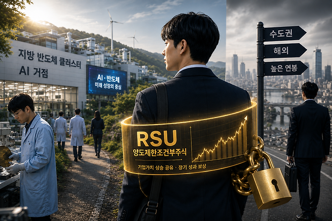 양도제한조건부주식(RSU)은 미래 기업가치 상승분을 임직원과 나누는 보상 제도로 핵심 인재를 장기간 붙잡아두는 ‘황금 수갑’으로 불리며 반도체·인공지능(AI) 등 첨단산업 지방 이전의 핵심 유인책으로 꼽힌다. 일러스트=챗GPT
