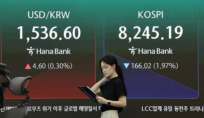 코스피가 하락 출발한 29일 서울 중구 하나은행 딜링룸 현황판에 코스피와 원-달러 환율이 표시되고 있다. ⓒ연합뉴스