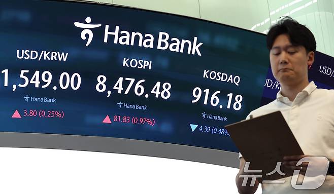 30일 서울 중구 하나은행 딜링룸 전광판을 통해 코스피와 코스닥 종가와 원달러환율 등 시황이 송출되고 있다. 2026.6.30 ⓒ 뉴스1 구윤성 기자
