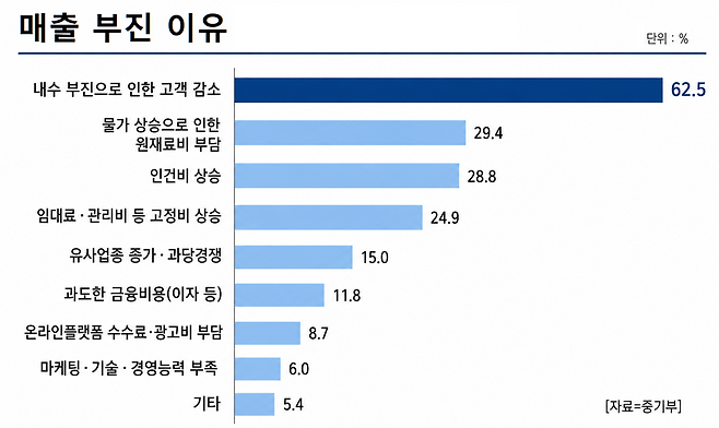 중소벤처기업부는 30일 국세청 폐업자 현황과 폐업 소상공인 실태조사를 토대로 한 정량·정성 통계 분석 결과를 발표했다. 소상공인들은 매출 감소 이유를 내수 경기가 침체됐기 때문이라 생각하는 것으로 집계됐다. [중기부][이미지=챗GPT 생성]