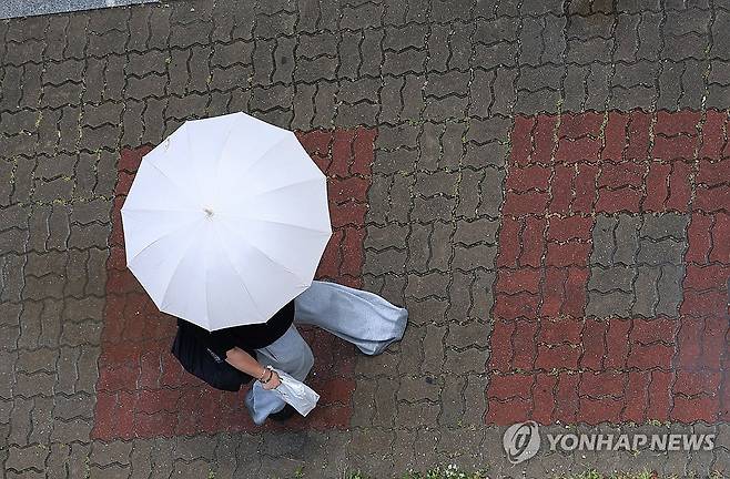 '소나기가 갑자기' (전주=연합뉴스) 정경재 기자 = 지난 14일 소나기가 내린 전북 전주시 완산구 효자동에서 우산을 쓴 시민이 걸어가고 있다. 2026.6.14 jaya@yna.co.kr