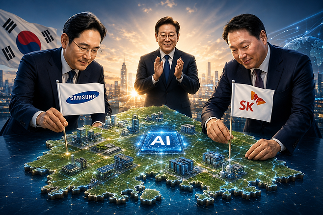 이재용 삼성전자 회장과 최태원 SK그룹 회장의 대규모 AI·반도체 투자 결단을 중심으로 정부와 기업이 함께 대한민국 미래 산업 경쟁력 강화에 나서는 모습을 상징적으로 표현한 이미지./ChatGPT 생성 이미지