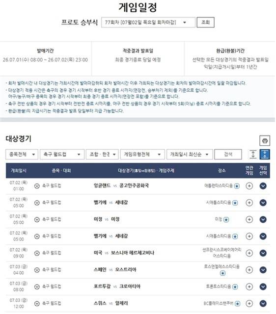 프로토 승부식 77회차, 북중미 월드컵 대상 경기 정보.