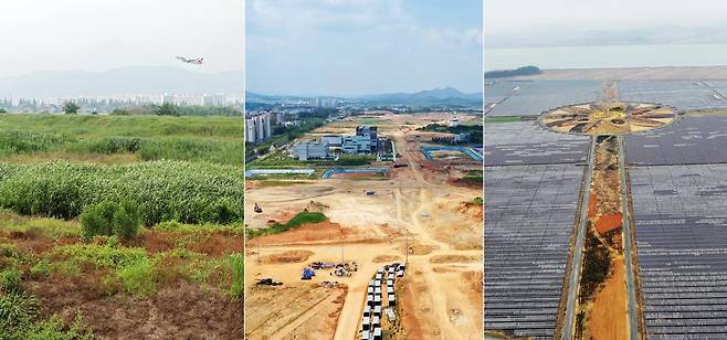 30일 서남권 반도체 공장 후보지로 거론되는 광주 군 공항 종전 부지(왼쪽부터)와 광주 첨단3지구, 전남 해남 산이면 솔라시도 부지 모습. 광주=연합뉴스