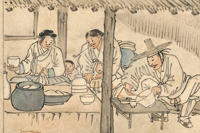‘우리들의 밥상’에 전시된 김홍도의 ‘주막’ 모습(부분). 다양한 모양의 그릇이 보인다. 사진 제공=국립중앙박물관