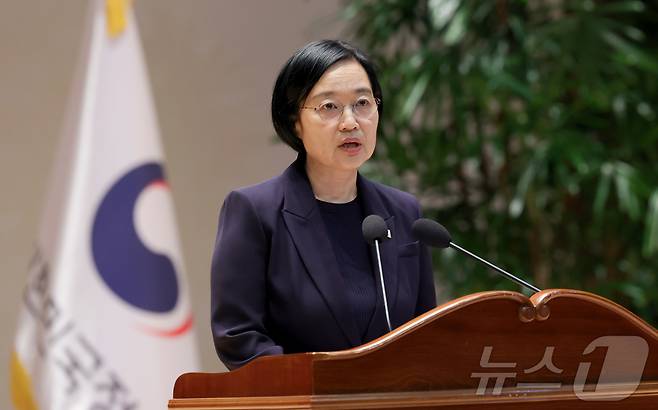 한성숙 신임 국무총리가 2일 오전 세종시 정부세종청사에서 열린 제50대 국무총리 취임식에서 취임사를 하고 있다. 2026.7.2 ⓒ 뉴스1 김기남 기자