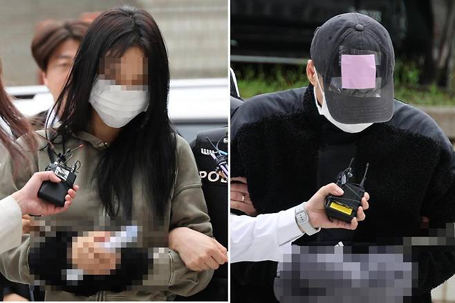 축구 국가대표팀 주장 손흥민의 아이를 임신했다고 주장하며 돈을 뜯어내려 한 20대 여성 양모(왼쪽 사진)씨와 40대 남성 용모씨가 지난해 5월 17일 영장실질심사를 받기 위해 서울중앙지법에 들어서고 있다. 연합뉴스