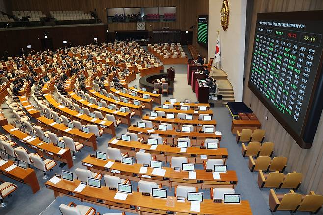 지난해 12월  24일 서울 여의도 국회에서 정보통신망법 개정안이 재적 298인, 재석 177인, 찬성170인, 반대3인, 기권4인으로 가결된 모습. 이날 국민의힘 의원들은 법안에 반대하며 표결을 보이콧했다. /뉴스1