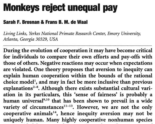 2003년 네이처에 실린 ‘Monkey Reject Unequal Pay(원숭이는 불평등한 월급을 거절한다)’ 논문. 네이처 캡처