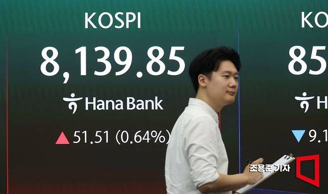 6일 서울 중구 하나은행 본점 딜링룸에서 직원들이 증시와 환율 등을 모니터하고 있다. 이날 코스피는 전장보다 98.48포인트(1.22%) 오른 8,186.82에, 코스닥지수는 2.01포인트(0.23%) 내린 866.40에 장을 시작했다. 2026.7.6 조용준 기자