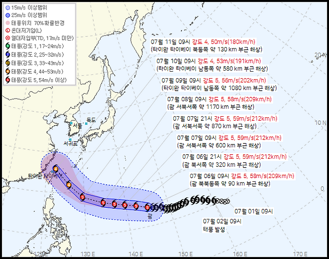 제9호 태풍 바비(BAVI) 예상 이동 경로. 기상청 제공
