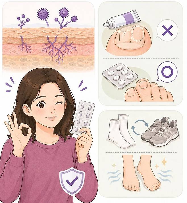 무좀 치료는 처방받은 치료 기간을 끝까지 지키는 것이 핵심이다. 또한 평소 신발과 양말을 매일 바꿔 신어 발을 건조하게 유지해야 재감염을 예방할 수 있다./사진=챗GPT