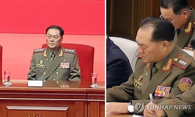 대장 진급한 김성기 북한군 총정치국장 (평양 조선중앙통신=연합뉴스) 김성기 북한 인민군 총정치국장(왼쪽)이 지난 10일 평양에서 김정은 국무위원장 참석하에 열린 당·정·군 연합회의에 대장 계급장을 달고 참석해 있다. 오른쪽은 전날인 9일 당 중앙군사위원회 제9기 제1차 확대회의에서 상장 계급장을 달고 있는 모습. 2026.7.11 
    [국내에서만 사용가능. 재배포 금지. For Use Only in the Republic of Korea. No Redistribution] nkphoto@yna.co.kr