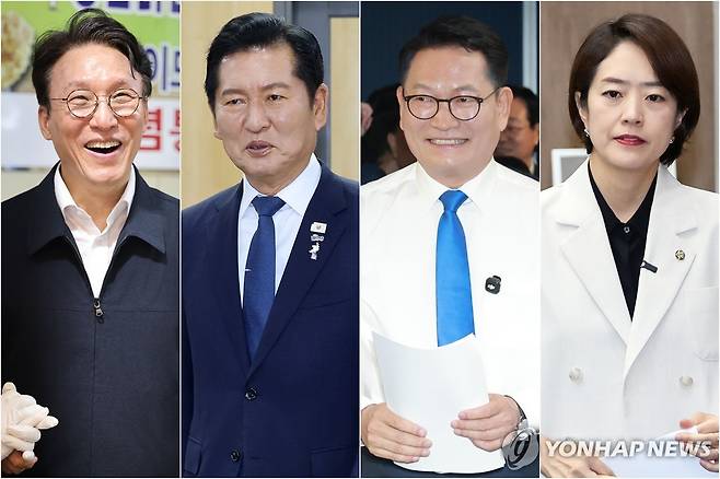 더불어민주당 당 대표 경선 나서는 김민석-정청래-송영길-고민정 (서울 목포=연합뉴스) 조남수 이동해 신현우 배재만 기자 = 더불어민주당 차기 당권 주자들의 공식 출마 선언이 속속 이어지며 8·17 전당대회 대진표가 윤곽을 드러내고 있다. 왼쪽부터 목포 동부시장을 방문한 김민석 전 총리, 국회 의원회관에서 열린 정책토론회에 참석한 정청래 전 대표, 당사에서 출마 선언을 한 송영길 의원, 국회 소통관에서 출마 선언을 한 고민정 의원. 2026.7.8 scoop@yna.co.kr
