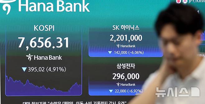 [서울=뉴시스] 박영태 기자 = 코스피가 395.02포인트(4.91%) 내린 7656.31 마감된 7일 오후 서울 중구 하나은행 본점 딜링룸에서 딜러가 업무를 보고 있다. 2026.07.07. since1999@newsis.com