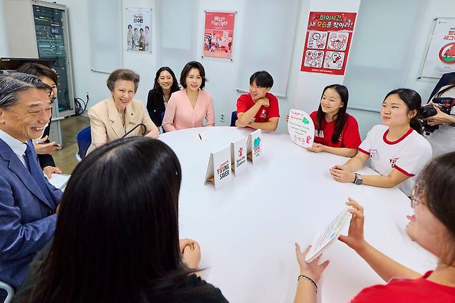 김혜경 여사와 앤 공주가 서울 마포구 세이브더칠드런 코리아에서 아동권리 활동 현장을 살펴보고 아동·청소년과 청년 활동가들을 만나 격려했다. 사진 청와대